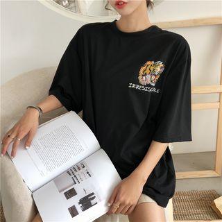 Elbow-sleeve Tiger Print Oversized T-shirt