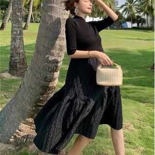 Elbow-sleeve Knit Panel Midi A-line Dress