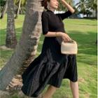 Elbow-sleeve Knit Panel Midi A-line Dress
