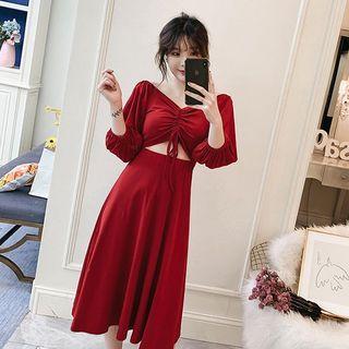 3/4-sleeve Cutout Drawstring A-line Midi Dress