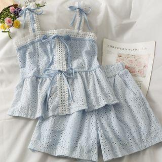 Set: Eyelet Ribbon-accent Camisole Top + Wide-leg Shorts In 5 Colors