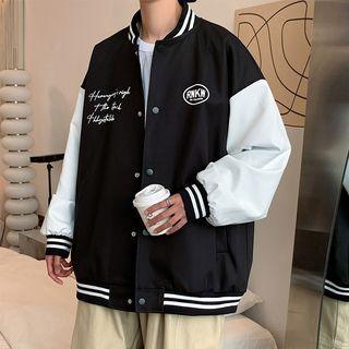 Color Block Lettering Print Oversized Baseball Jacket
