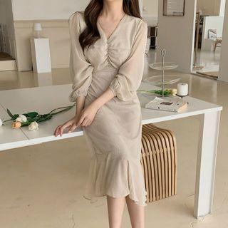 Dotted Shirred V-neck Midi Mermaid Dress