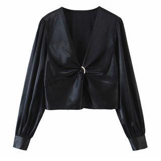 V-neck Long-sleeve Satin Top