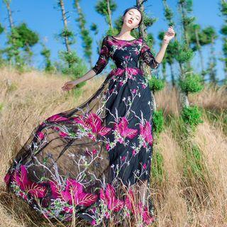 Elbow-sleeve Embroidery Flower Long Dress