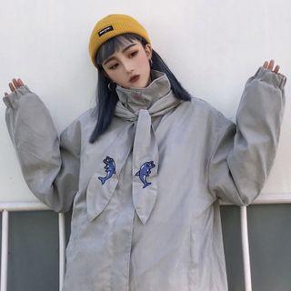 Dolphin Embroidered Tie-neck Zip Jacket