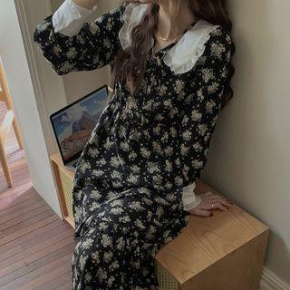 Long-sleeve Collared Floral Dress Black - One Size