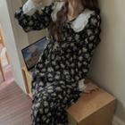 Long-sleeve Collared Floral Dress Black - One Size