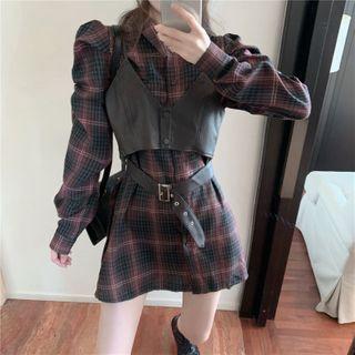 Long-sleeve Plaid Mini Shirtdress / Faux Leather Spaghetti Strap Crop Top