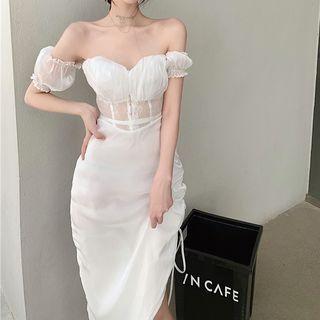 Short-sleeve Off Shoulder Asymmetrical Sheath Dress