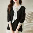 Mock Two-piece Panel Bow-neck Knit Top