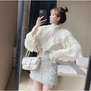 Ruffled Mock-neck Blouse / Fluffy Mini Skirt