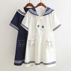 Cat Embroidered Sailor Collar Short Sleeve Dress