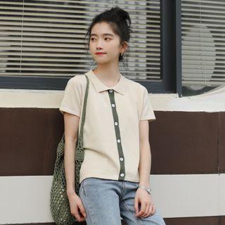 Short-sleeve Collared Knit Top White & Black - One Size