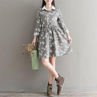 Long-sleeve Floral Corduroy Mini A-line  Dress