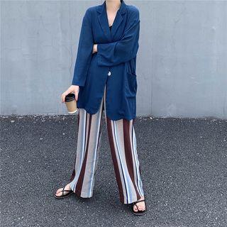 Chiffon Cropped Sleeve Blazer / Striped Wide-leg Pants
