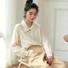 Tie-neck Long-sleeve Blouse Almond - One Size