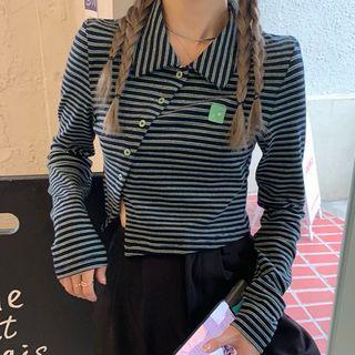 Long-sleeve Striped Button-up Crop Top