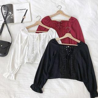 Eyelet-lace Panel Lace-up Square-neck Long-sleeve Blouse