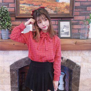 Plaid Long Sleeve Tie-neck Shirt
