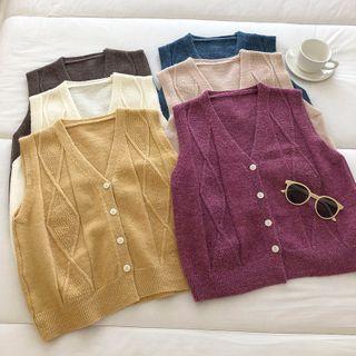 Plain Single-breasted V-neck Cable-knit Vest