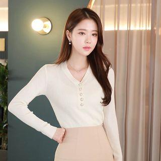 Faux-pearl Buttoned Rib-knit Henley