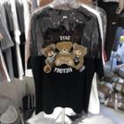 Elbow-sleeve Embellished Bear Embroidered T-shirt