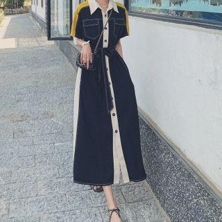Short-sleeve Color Block Tie-waist Midi A-line Shirtdress