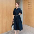 Elbow-sleeve Stand Collar A-line Midi Dress
