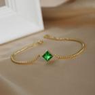 Square Rhinestone Sterling Silver Bracelet 1pc - Gold & Green - One Size