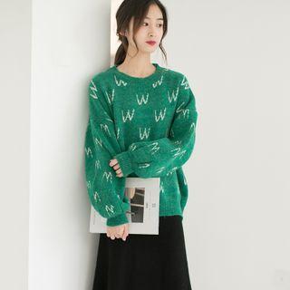 Lantern-sleeve Letter Print Sweater Green - One Size