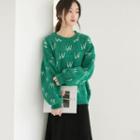 Lantern-sleeve Letter Print Sweater Green - One Size