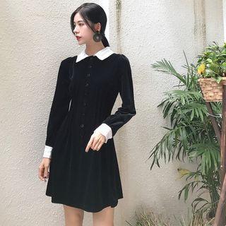 Puff Sleeve Lace Panel Velvet A-line Dress