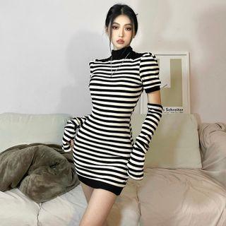 Set: Puff-sleeve Striped Knit Dress + Arm Sleeves