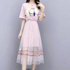 Set: Short-sleeve Cartoon Print T-shirt + A-line Midi Mesh Skirt