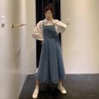 Midi A-line Denim Jumper Dress Jumper Dress - Blue - One Size
