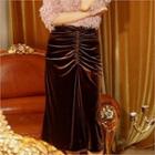 Shirred Midi Velvet Skirt