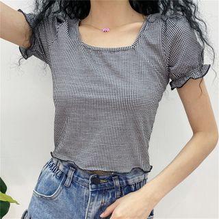 Square-neck Ruffled-trim Checker Crop Top