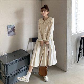 Long-sleeve Collared Midi A-line Dress / Sweater Vest