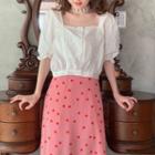 Elbow-sleeve Lace Paneled Buttoned Top / Polka Dot A-line Midi Skirt