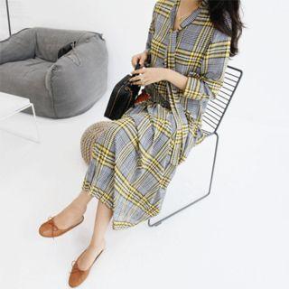 Contrast-panel Pleated Plaid Maxi Dress