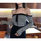 Striped Off-shoulder Long-sleeve Top Stripes - Black & White - One Size