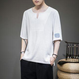 Elbow-sleeve Embroidered Linen Shirt