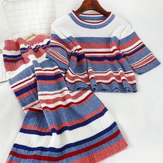 Set: Striped Short-sleeve Knit Top + Knitted Pencil Skirt Blue - One Size