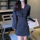 Set : Long-sleeve Cropped Blazer + High-waist Suspender Skirt