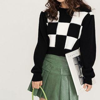 Checkered Cropped Sweater Black - One Size