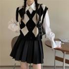 Diamond Jacquard Button-up Sweater Vest Vest - Black - One Size
