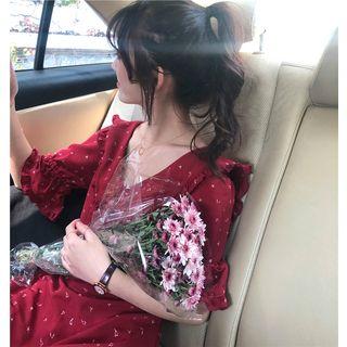 Floral V-neck A-line Dress Red - One Size