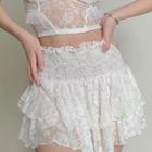 High-waist Ruffled-waistline Layered Lace Mini Skirt