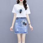 Set: Short-sleeve Floral Embellished T-shirt + Denim Mini Skirt